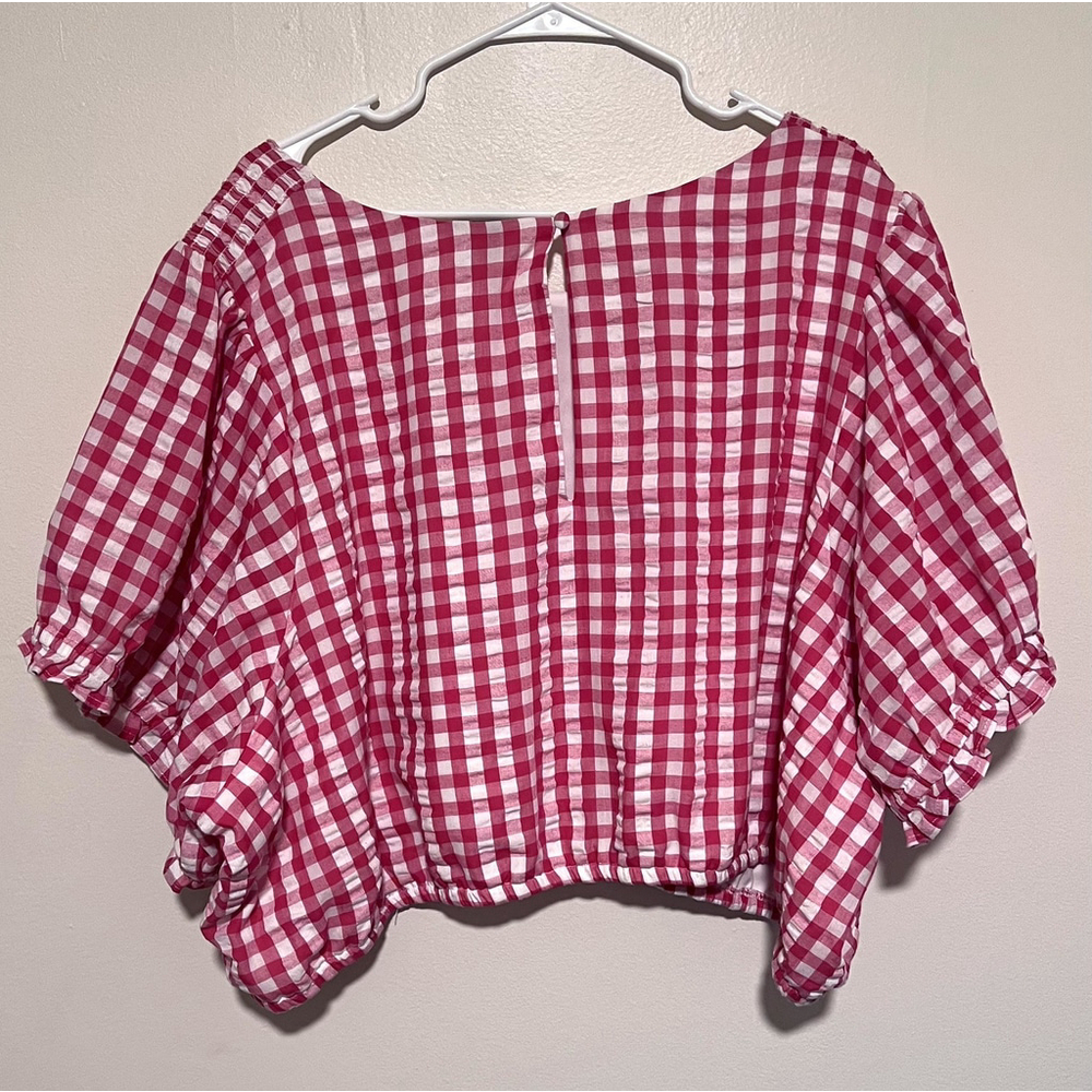 Torrid Cropped Blouse Women’s 6 6X Pink White Gingham Smocked Seersucker Top - Picture 5 of 5